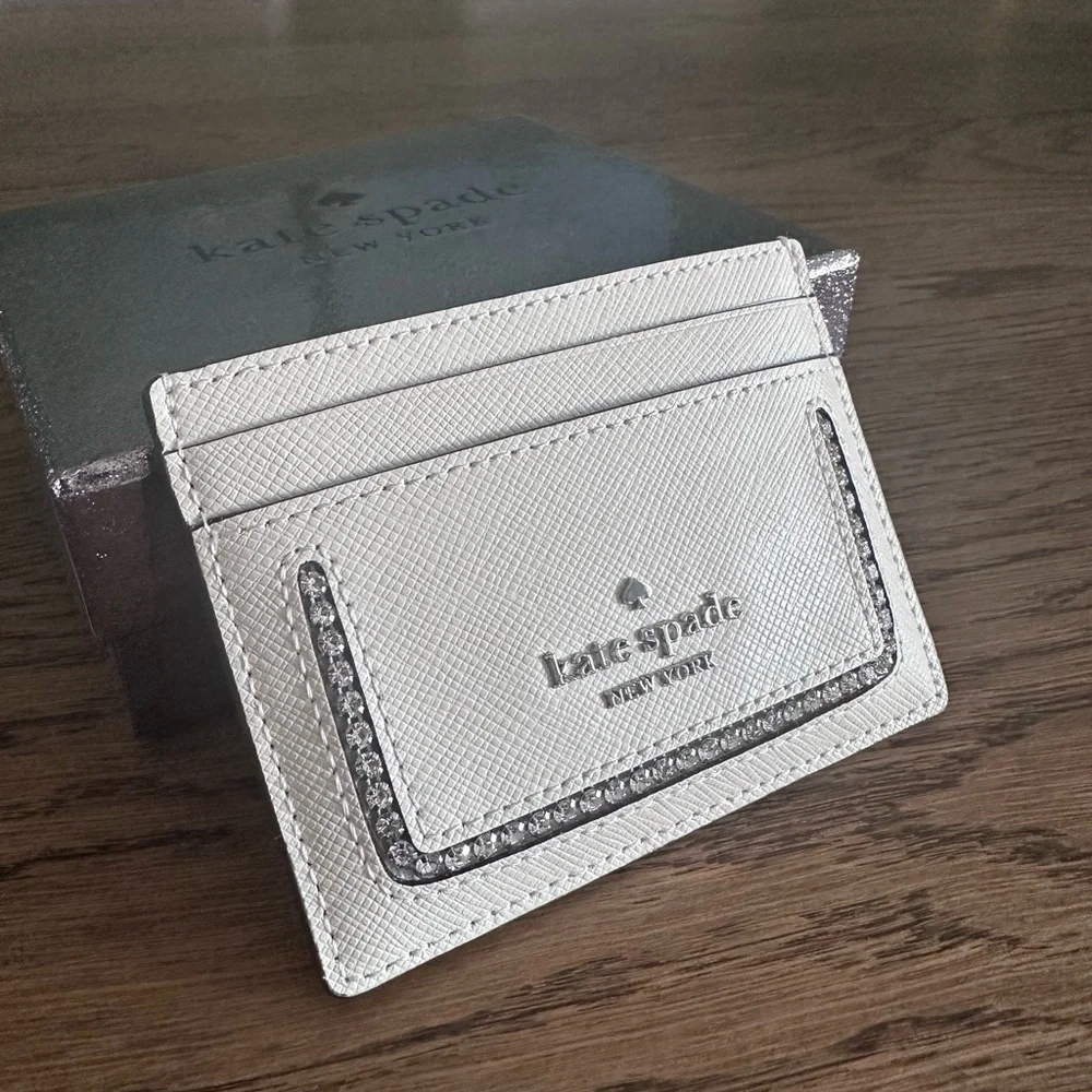 NWT！NEW! Kate Spade Madison Boxed Crystal Card Holder Cream Rhinestone shinny